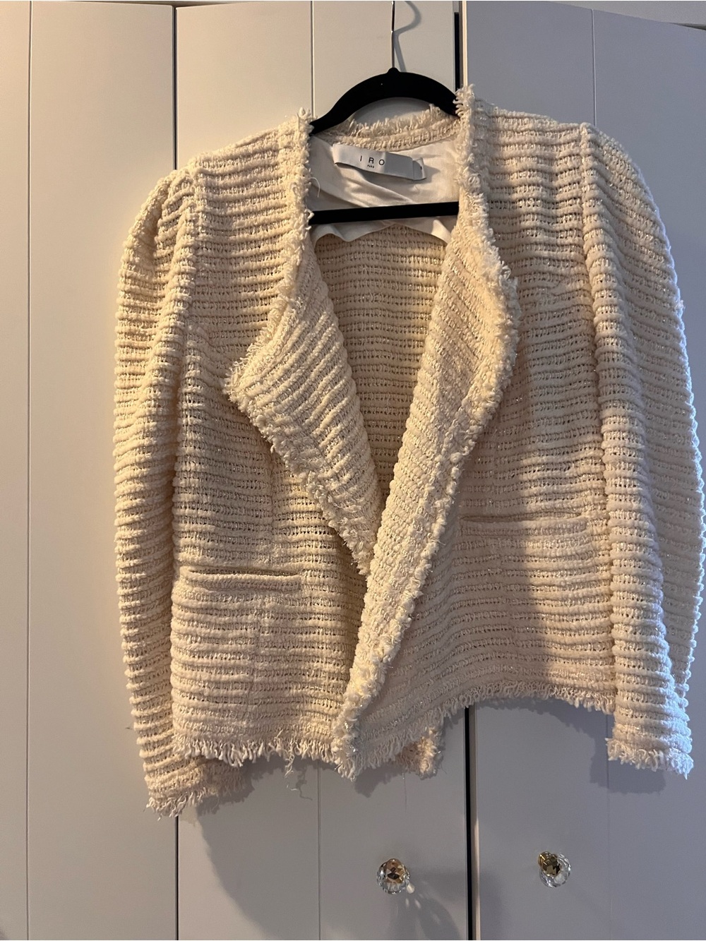 IRO Cream Fringed Open-Front Knit Jacket,size 36